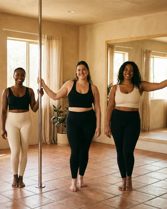 Alunas iniciantes em pé ao lado das barras durante aula de pole dance